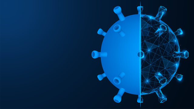 Virus data transformation. The virus consists of two parts: a realistic shape and a digital polygonal structure. The concept of data analysis, medical research and digital healthcare.