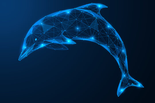 A futuristic dolphin. A marine mammal made of glowing polygonal lines and a geometric grid in the low poly style. A concept that combines the world of marine nature with high technology.