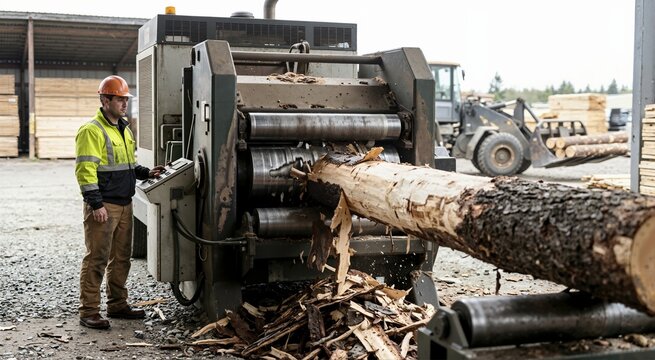 Industrial worker operating log debarking equipment at a sawmill. Heavy machinery stripping bark from timber in a forestry production yard