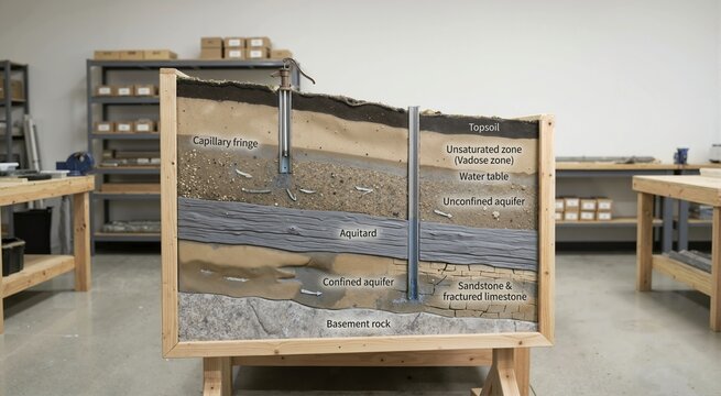 Geological cross section model of an underground aquifer system. Educational diorama showing groundwater layers and wells