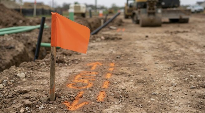 Orange utility locating flag and spray paint marks on dirt. Underground line marking at construction site with trench and machinery