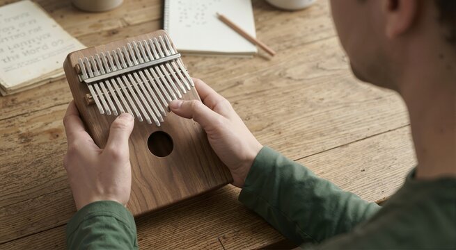 Person playing a wooden kalimba thumb piano with metal tines. Musician practicing an acoustic instrument at a rustic table