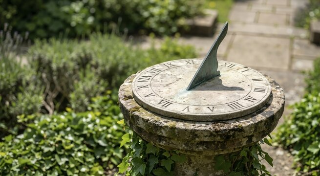Weathered stone sundial casting a shadow in a sunny garden. Antique timekeeping instrument with Roman numerals