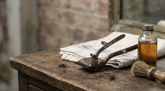 Vintage rusted manual barber clippers on a wooden table. Antique haircutting tools with oil bottle and shaving brush