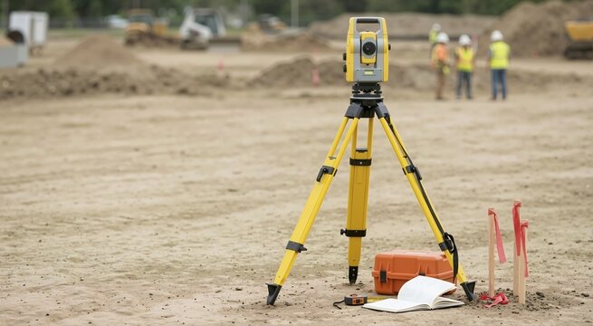 Yellow surveying total station on a tripod at a construction site. Engineering equipment with notebook and stakes on dirt ground