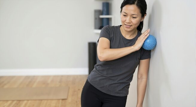 Asian woman using a blue spiky massage ball on her shoulder against a white wall. Female athlete performing myofascial trigger point release for muscle recovery