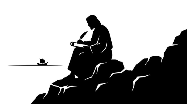 John the apostle writing Book of Revelation silhouette. Early Church Apostles theme vector illustration. Isolated on white background