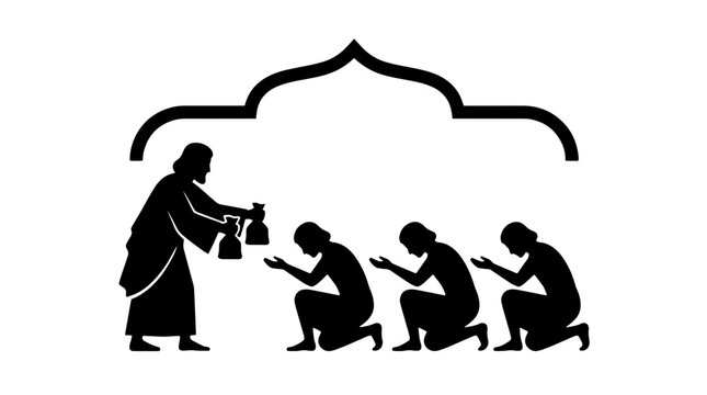 Master giving bags of talents to three servants. Biblical parable theme silhouette. Black and white vector illustration