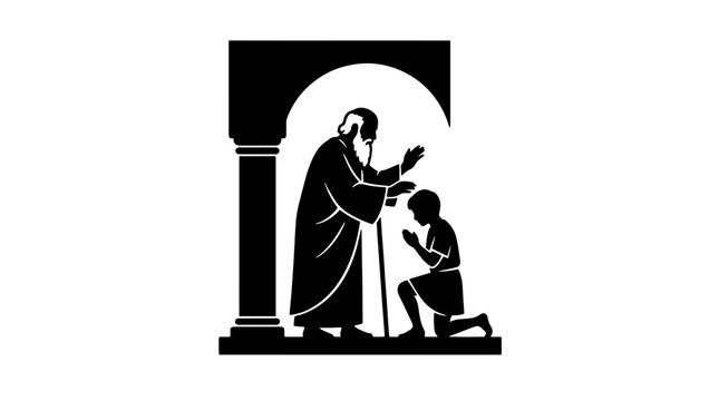 Priest Eli blessing a young boy in the temple. Old Testament Samuel scene. Minimalist vector illustration