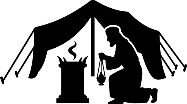 Hebrew leader burning incense in tabernacle. Old Testament Moses and Aaron theme. Solid black silhouette vector illustration