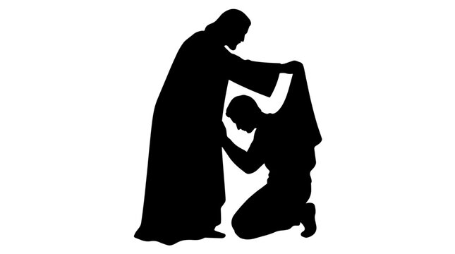 Merciful father putting a robe on his returning son. Prodigal son biblical parable silhouette. Black and white vector illustration