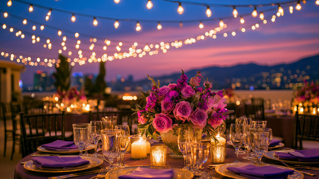 Luxury Rooftop Wedding Reception with Pink Rose Centerpiece, Candlelight, and String Lights at Sunset