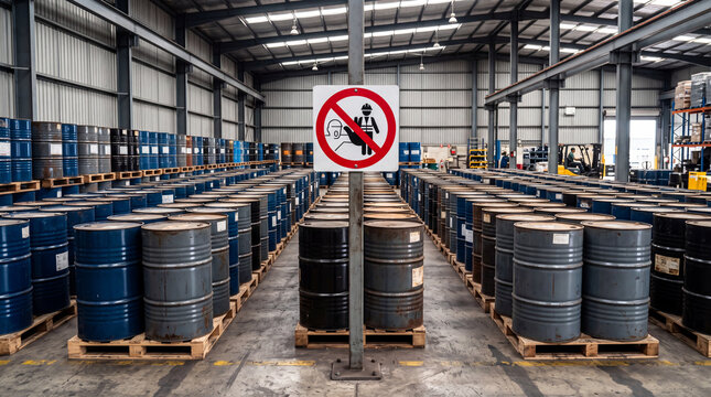 Industrial embargo visual: A clear prohibition sign for oil barrels stands centered between countless stored containers in a large depot.