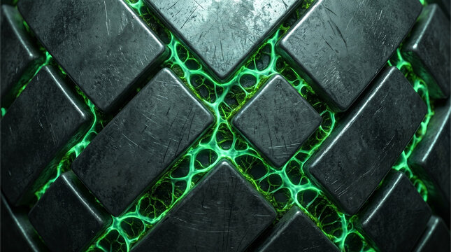Macro texture of scratched metal blocks fused with a glowing neon green organic cybernetic web