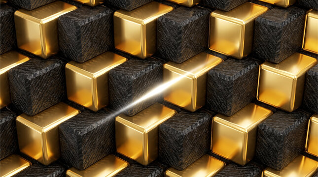 Abstract 3D geometric matrix of interlocking matte black stone and highly polished gold cubes with a light flare