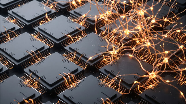 Grid of microchips with a glowing synthetic neural network over computer processors representing advanced AI technology