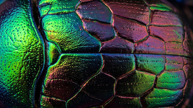 Extreme macro texture of an iridescent scarab beetle carapace featuring glowing metallic green and purple organic polygonal patterns