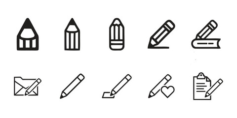Fototapeta premium Pencil and Pen Icon Set on White Background, Writing, Editing, and Signature Line Icons Vector Collection