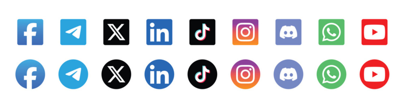 Set of popular social media and messaging app icons with messaging, communicatio