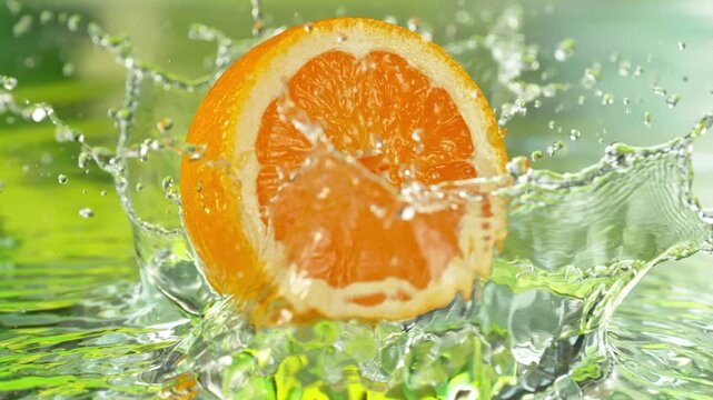 Super Slow Motion Shot of Fresh Orange Fruit Falling into Water and Making Splash at 1000fps.