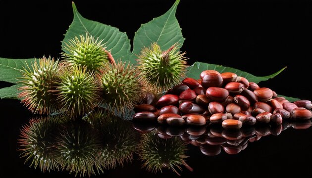 castor beans and leaf isolated on black background