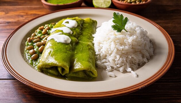 enchiladas verdes with a side of rice and beans mexican food