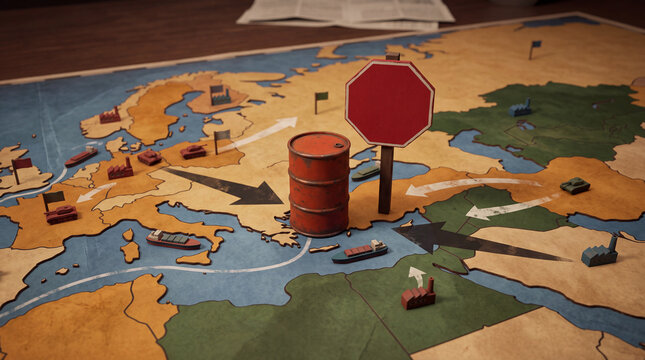  Oil barrel and red stop sign on strategic map, petroleum embargo concept, fuel supply restriction, energy crisis, sanctions, trade blockade, market risk and geopolitical tension 