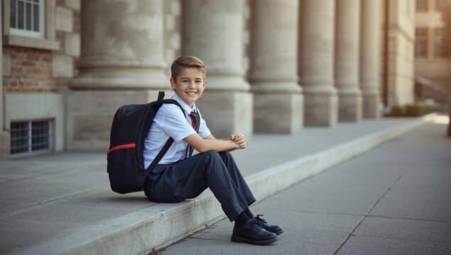 Portrait of a Happy Schoolboy in Uniform Sitting on Steps Outside Classical School Building with Backpack - Education and Back to School Concept