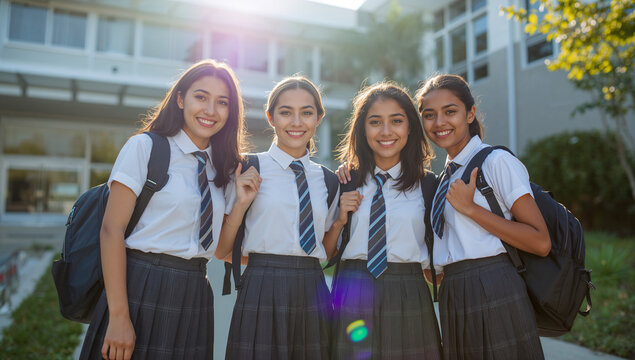 Group of Happy High School Girls in Uniforms with Backpacks on Sunny Campus