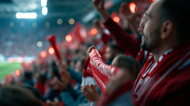 Faceless diverse soccer supporters celebrating in a packed stadium, waving scarves and victory props, clapping and raising arms during a professional international championship