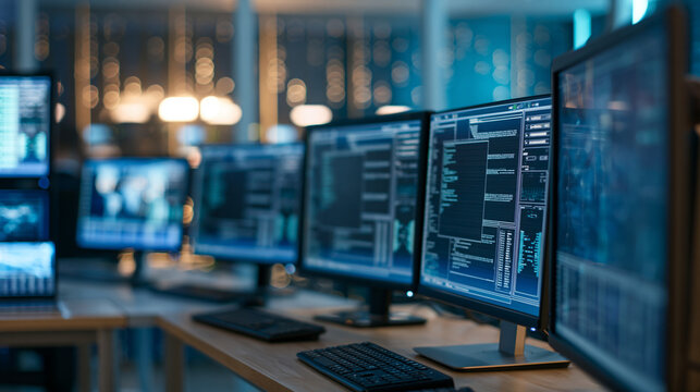 Modern data center office desk equipped with multiple monitors displaying complex AI code and data visualizations, ready for a team of developers, nobody present, defocused server