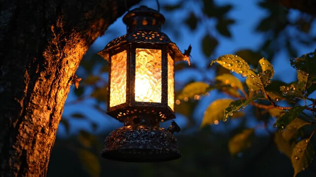 Ornate metal lantern glowing softly on a tree branch at dusk, with dew-covered leaves and gentle ambient light