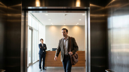 Fototapeta premium Businessman stepping out of an elevator into a modern corporate lobby with a receptionist.