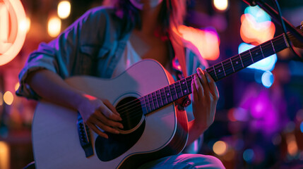 Fototapeta premium Faceless young female indie singer with an acoustic guitar performing for a talent show on stage under colorful neon lighting, translating heartfelt emotions into beautiful music,