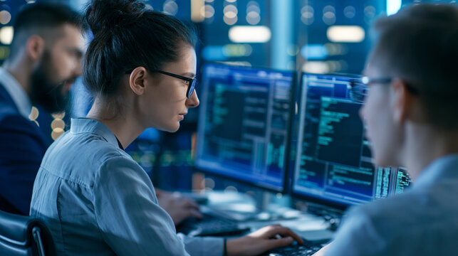 Faceless anonymous female and male software developers working on an AI model displayed across multiple monitors in a data center office, professional AI project collaboration,