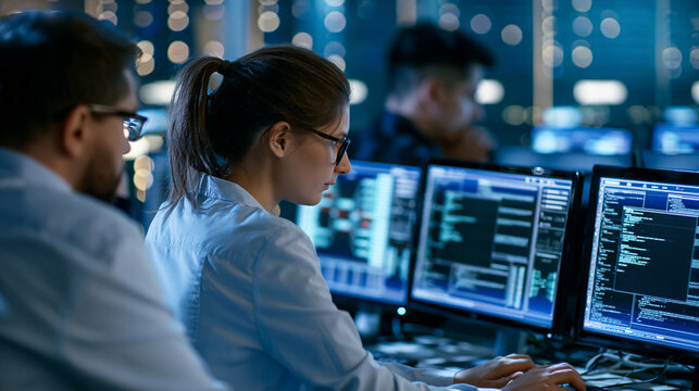 Faceless anonymous female and male software developers working on an AI model displayed across multiple monitors in a data center office, professional AI project collaboration,