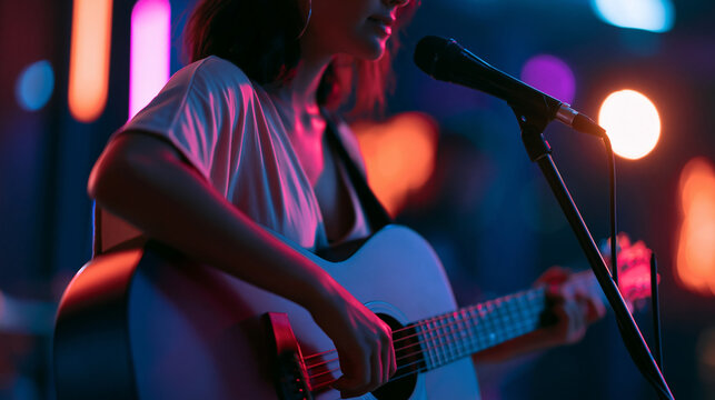 Faceless young female indie singer with an acoustic guitar performing for a talent show on stage under colorful neon lighting, translating heartfelt emotions into beautiful music,