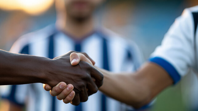Faceless Black male soccer player and White male opponent exchanging a respectful handshake after an international football championship, professional sportsmanship moment,