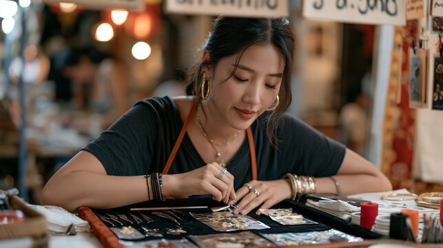 Nail artist at a vibrant street beauty market stall laying out an elaborate flat arrangement of nail art tools, tiny botanical pressed flowers, and foil sheets forming a decorative still life compos
