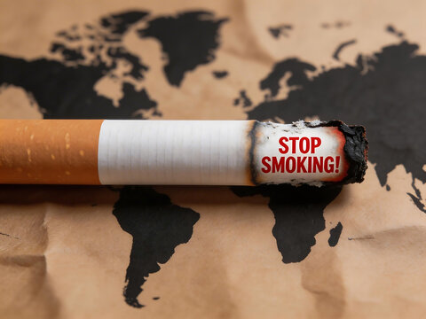 Cigarette with stop smoking text on world map