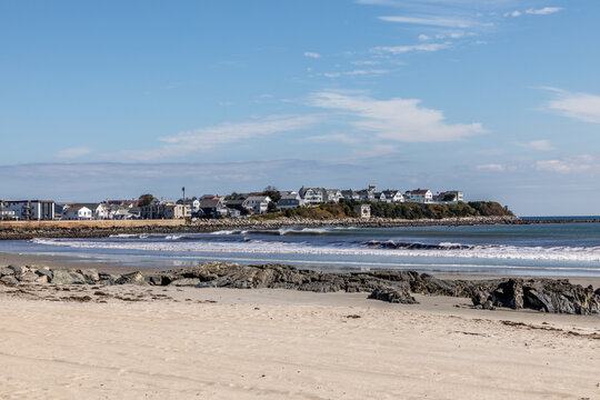 beautiful coastline with wooden houses at the beach in Rye, New Hampshire