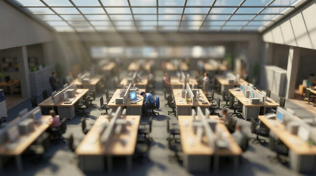 Miniature diorama of a busy modern open plan office with desks and employees working hard