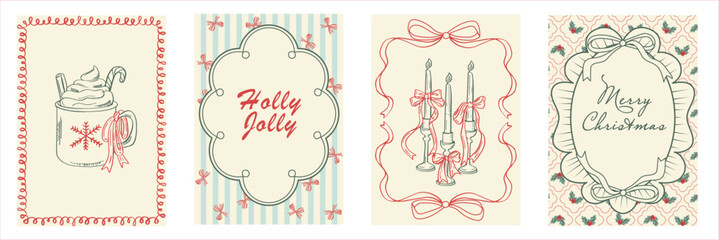 Fototapeta premium A hand drawn collection of elegant Christmas greeting cards featuring bows, candles, cocoa, and festive frames in a soft vintage coquette style for seasonal designs.