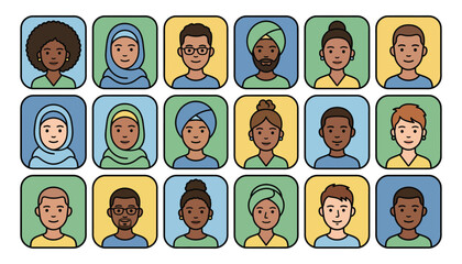 Fototapeta premium A collection of diverse cartoon avatars showing various ethnicities and styles in a grid of colorful square frames