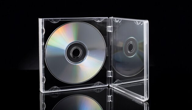 minimalist transparent cd case with reflective compact disc isolated on black background studio lighting