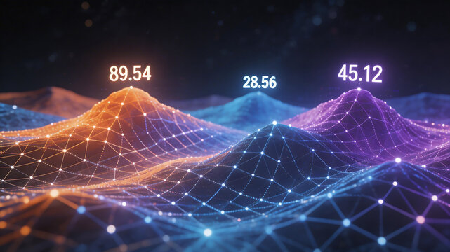 Abstract digital mountain landscape with data points