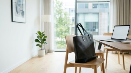 Fototapeta premium Textured charcoal tote bag on a pale oak chair next to laptop, offering ample copy space in a bright, modern office setting