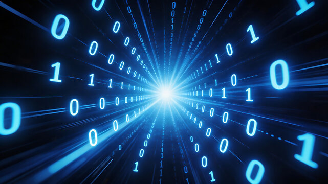 Binary code tunnel with glowing numbers