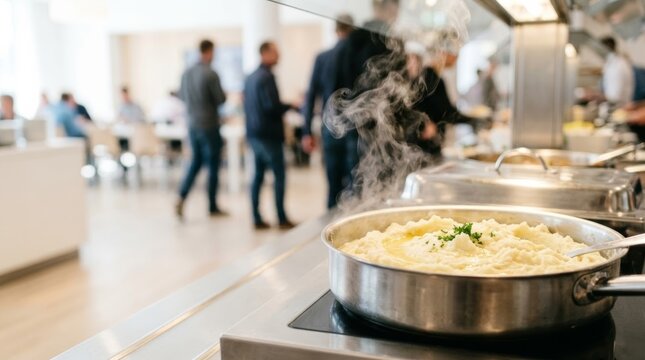 Steaming mashed potatoes in a chafing dish on a modern buffet line, perfect for upscale dining or catering, with ample copy space.
