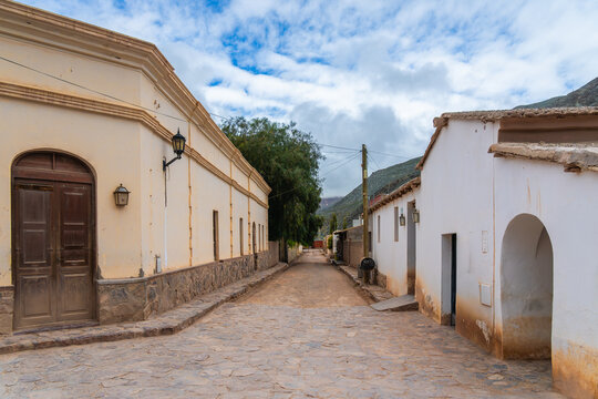 Quiet street in Purmamarca, Jujuy with adobe houses